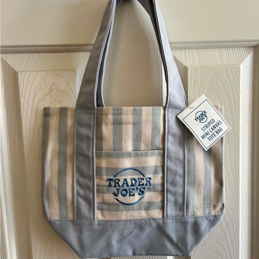 Trader Joe's Striped Mini Canvas Tote Bag - Light Blue & Cream NWT